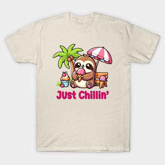 Lazy Days & Ice Cream Haze: Kawaii Sloth Chilling And Enjoying Ice Cream In The Summer T-Shirt by Printastic Artisan Design